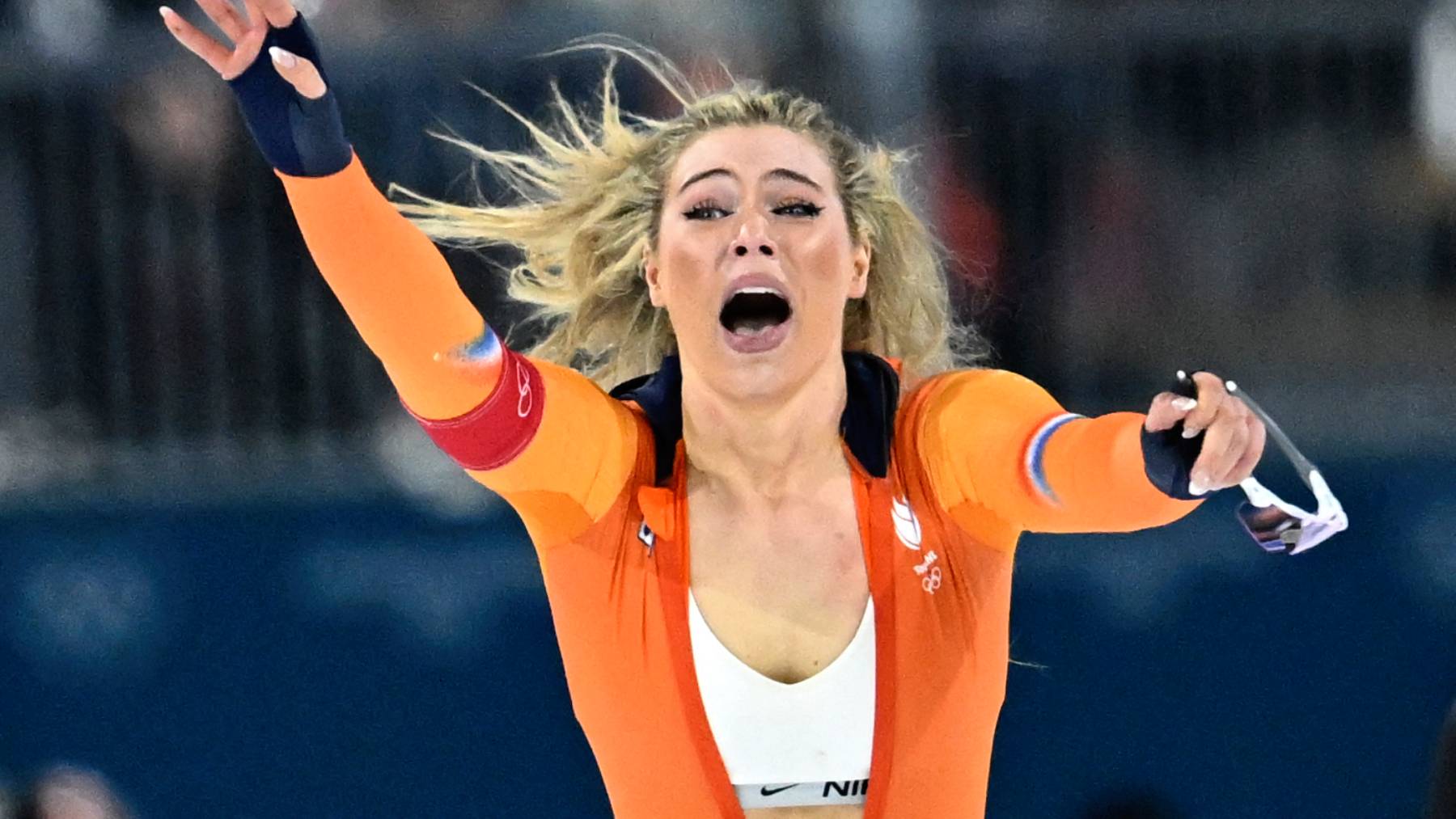 Netherlands' Jutta Leerdam reacts after winning gold in the speed skating women's 1000m during the Milano Cortina 2026 Winter Olympic Games at Milano Speed Skating Stadium in Milan on February 9, 2026.