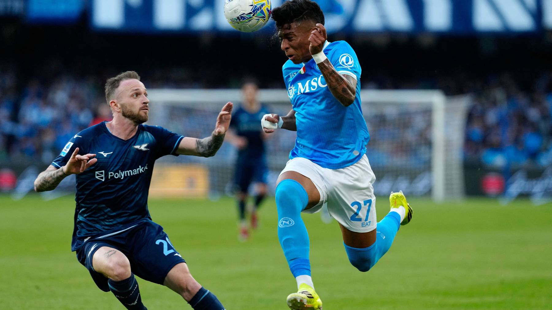 Manuel Lazzari of SS Lazio competes for the ball with Alisson Santos of SSC Napoli during the Serie A match between SSC Napoli and SS Lazio at Stadio Diego Armando Maradona Naples Italy on 18 April 2026. (Photo by Franco Romano/NurPhoto)