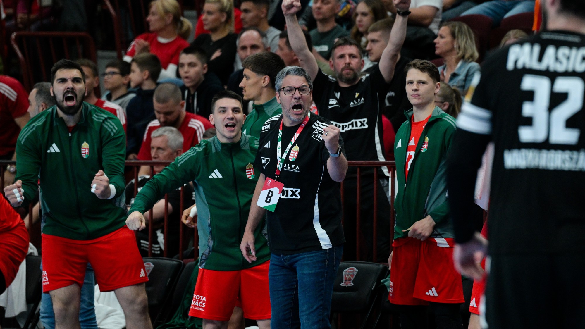 Chema Rodríguez, a magyar válogatott szövetségi kapitánya (k) a férfi kézilabda világbajnoki selejtezőben játszott Magyarország - Szerbia visszavágó mérkőzésen.