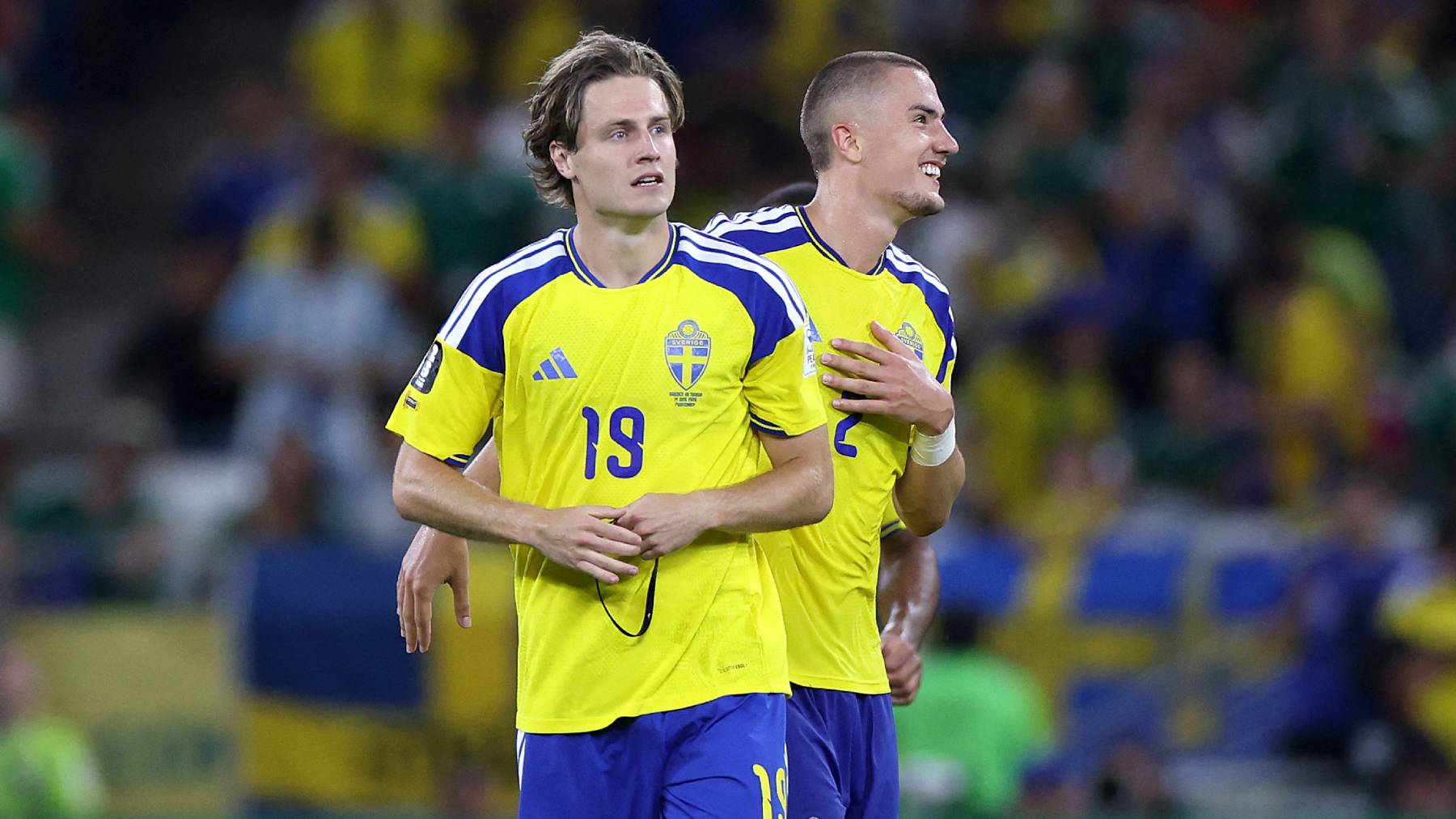 Sweden's midfielder #19 Mattias Svanberg celebrates scoring his team's fourth goal with teammate defender #02 Gustaf Lagerbielke during the 2026 World Cup Group F football match between Sweden and Tunisia at the Monterrey Stadium in Guadalupe on June 14, 2026.