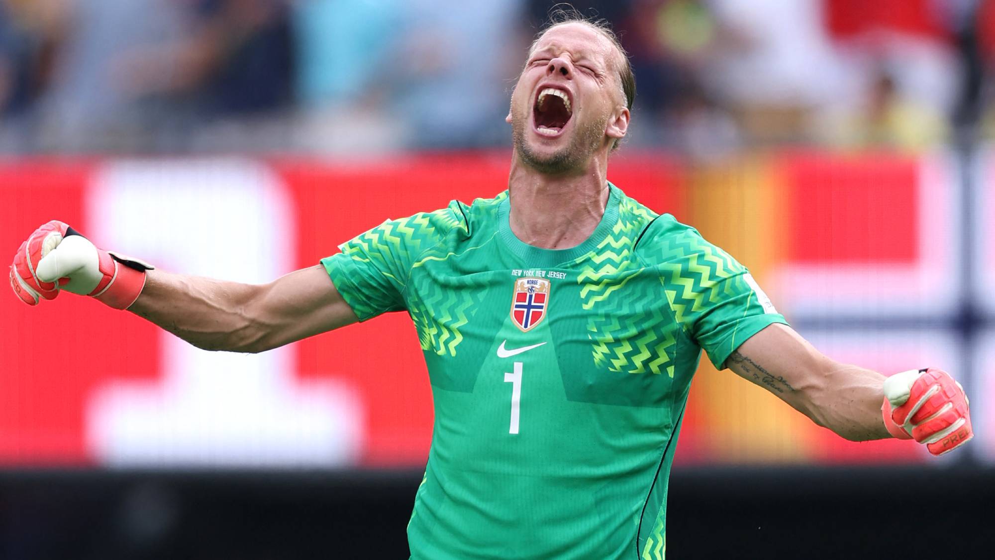 EAST RUTHERFORD, NEW JERSEY - JULY 05: Orjan Nyland #1 of Norway celebrates the 2nd Norway goal during the FIFA World Cup 2026 Round Of 16 match between Brazil and Norway at New York New Jersey Stadium on July 05, 2026 in East Rutherford, New Jersey. Justin Setterfield/Getty Images/AFP