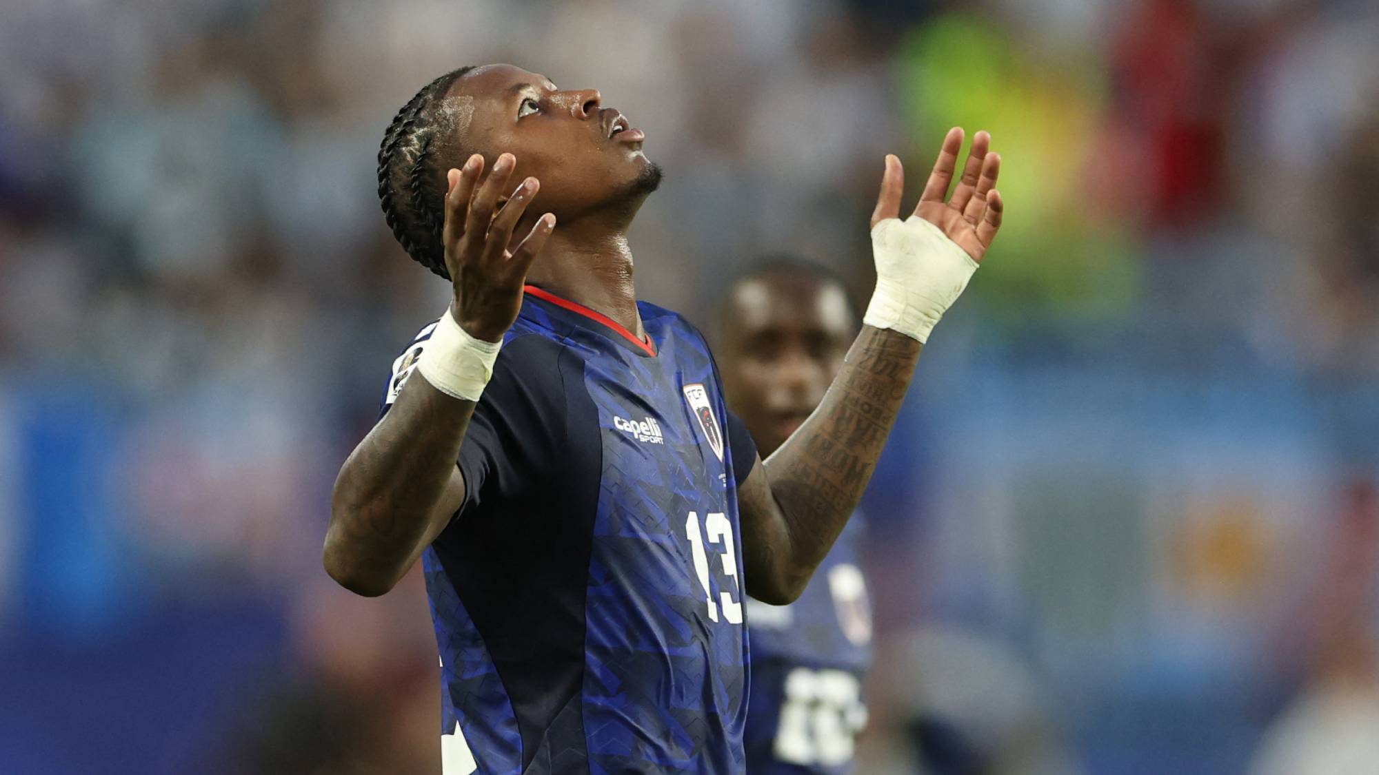 Cape Verde's defender #13 Sidney Lopes Cabral celebrates scoring his team's second goal during the 2026 World Cup round of 32 football match between Argentina and Cape Verde at the Miami Stadium in Miami Gardens on July 3, 2026.