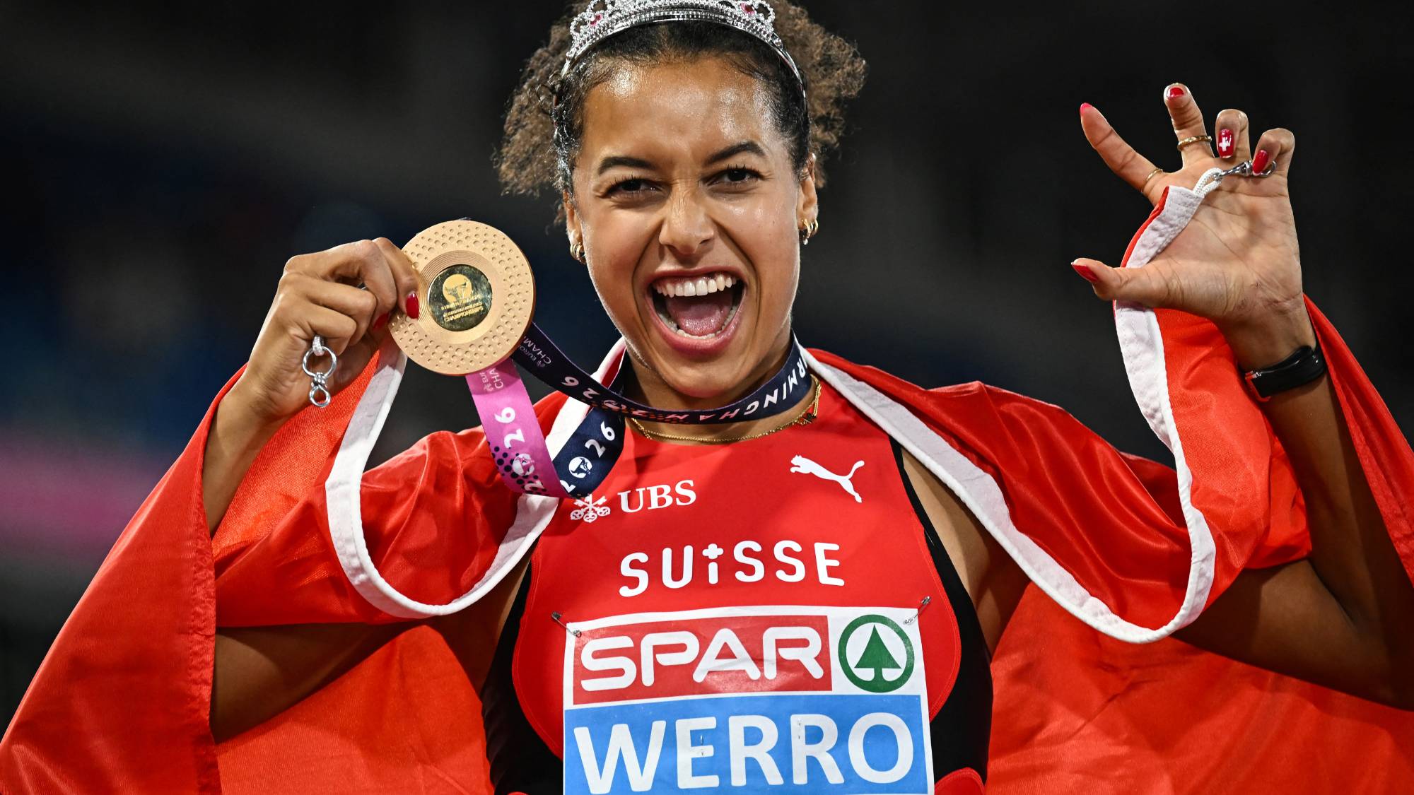 Gold medallist Switzerland's Audrey Werro reacts after winning the women's 800m final and breaking the championship record during the European Athletics Championships at Alexander Stadium in Birmingham on August 14, 2026.